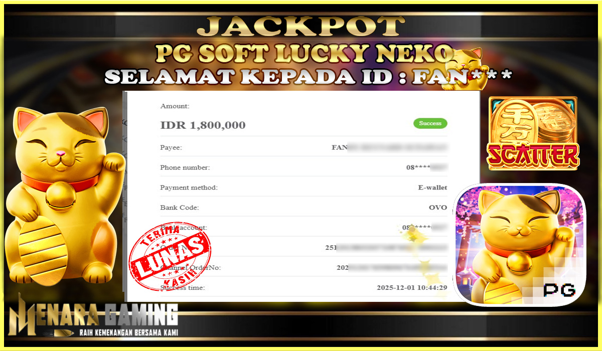 MENARAGAMING JACKPOT PG SOFT LUCKY NEKO Rp. 1.000.000,- LUNAS