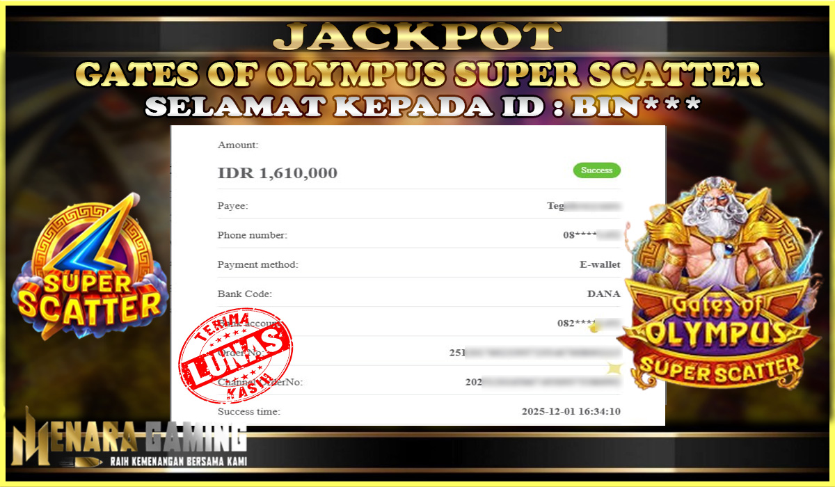 MENARAGAMING JACKPOT PRAGMATIC PLAY GATES OF OLYMPUS SUPER SCATTER Rp. 1.000.000,- LUNAS