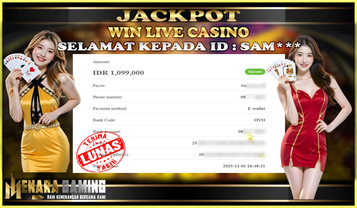 MENARAGAMING JACKPOT LIVE CASINO Rp. 1.000.000,- LUNAS