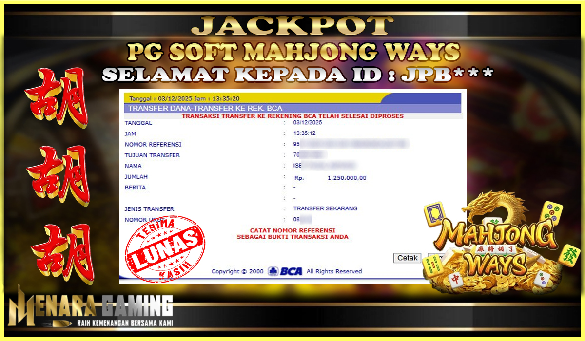 MENARAGAMING JACKPOT PG SOFT MAHJONG WAYS Rp. 1.000.000,- LUNAS