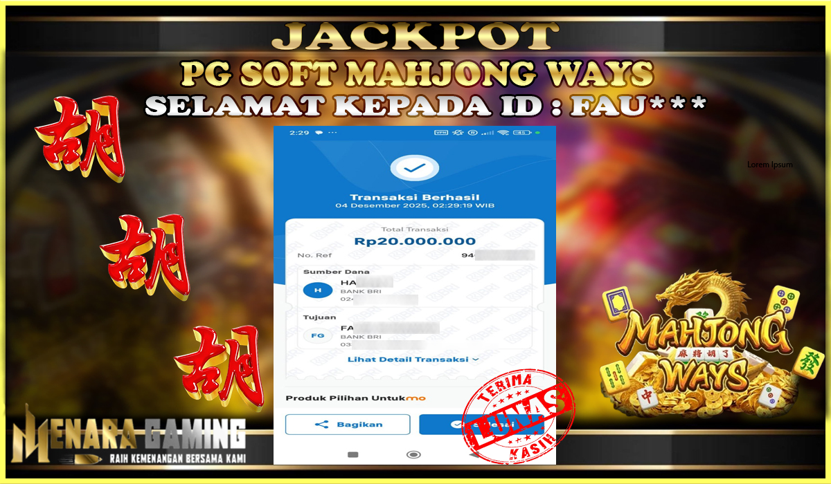 MENARAGAMING JACKPOT PG SOFT MAHJONG WAYS Rp. 20.000.000,- LUNAS