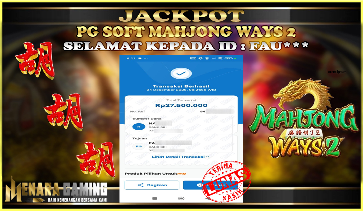 MENARAGAMING JACKPOT PG SOFT MAHJONG WAYS 2 Rp. 27.000.000,- LUNAS