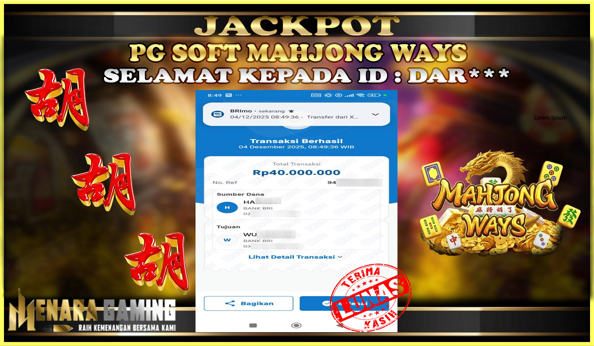 MENARAGAMING JACKPOT PG SOFT MAHJONG WAYS Rp. 40.000.000,- LUNAS