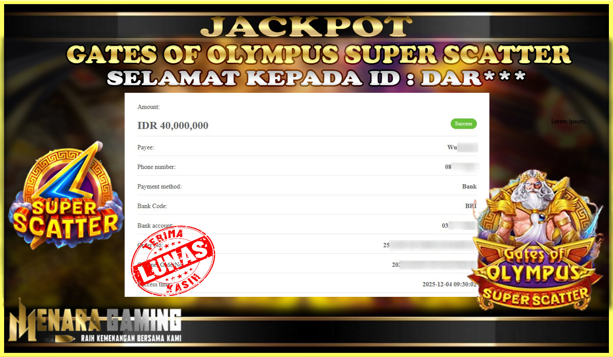 MENARAGAMING JACKPOT PRAGMATIC PLAY GATES OF OLYMPUS SUPER SCATTER Rp. 40.000.000,- LUNAS