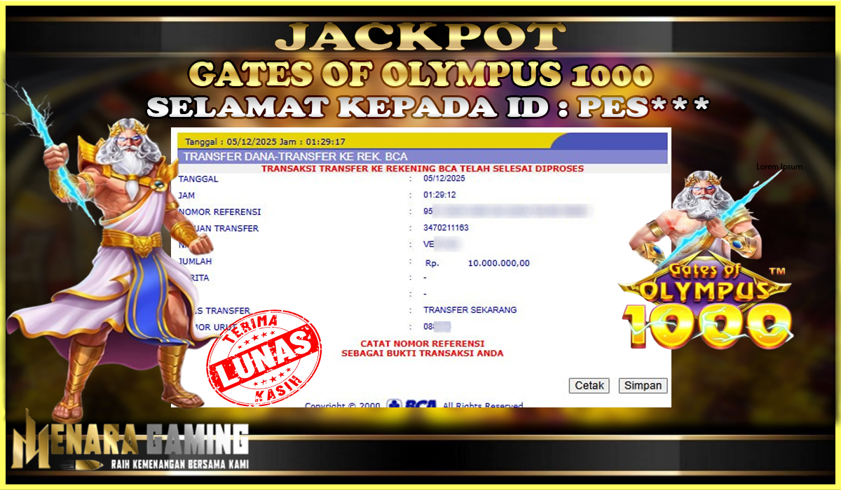MENARAGAMING JACKPOT PRAGMATIC PLAY GATES OF OLYMPUS 1000 Rp. 10.000.000,- LUNAS
