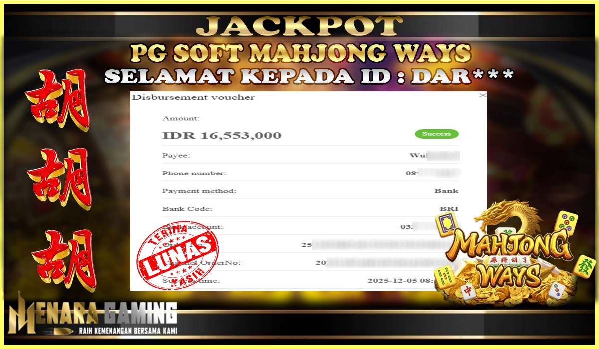 MENARAGAMING JACKPOT PG SOFT MAHJONG WAYS Rp. 16.000.000,- LUNAS