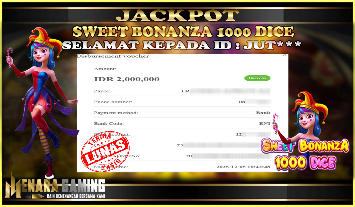MENARAGAMING JACKPOT PRAGMATIC PLAY SWEET BONANZA 1000 DICE Rp. 2.000.000,- LUNAS