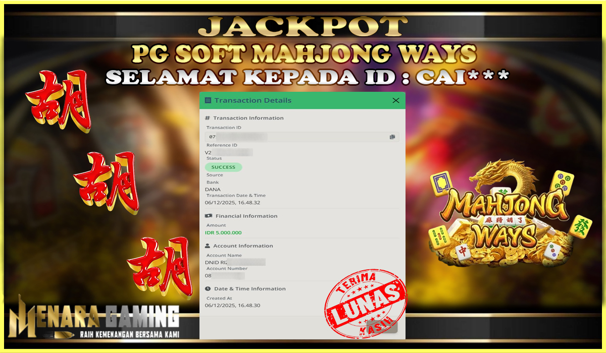 MENARAGAMING JACKPOT PG SOFT MAHJONG WAYS Rp. 5.000.000,- LUNAS