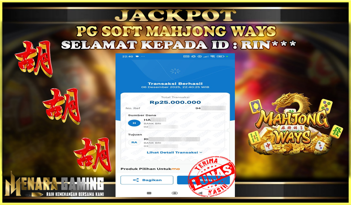 MENARAGAMING JACKPOT PG SOFT MAHJONG WAYS Rp. 25.000.000,- LUNAS