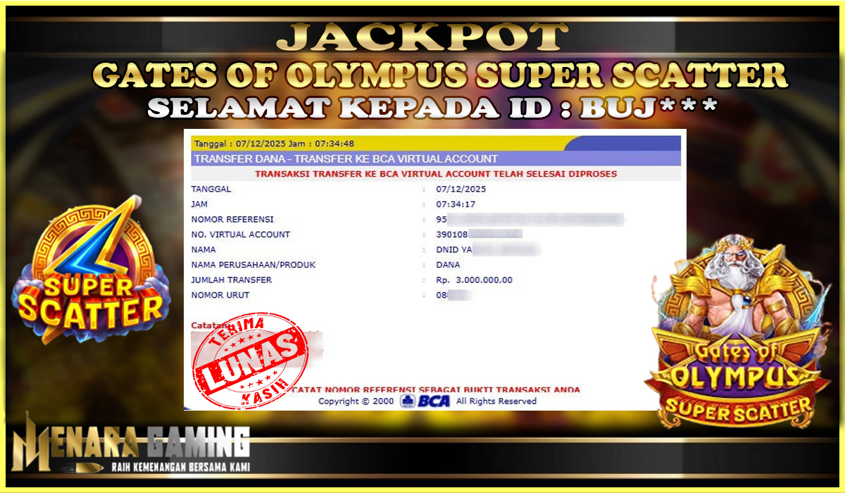 MENARAGAMING JACKPOT PRAGMATIC PLAY GATES OF OLYMPUS SUPER SCATTER Rp. 3.000.000,- LUNAS