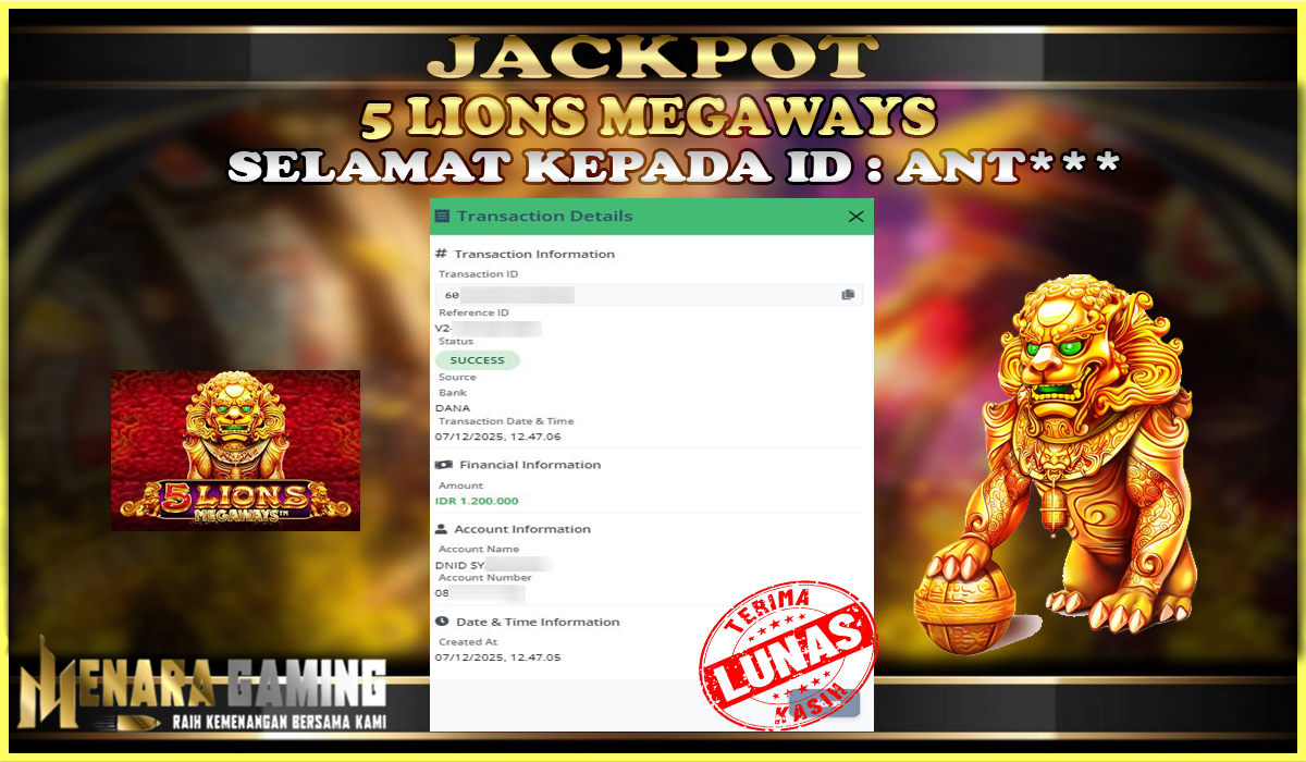 MENARAGAMING JACKPOT PRAGMATIC PLAY 5 LIONS MEGAWAYS Rp. 1.000.000,- LUNAS