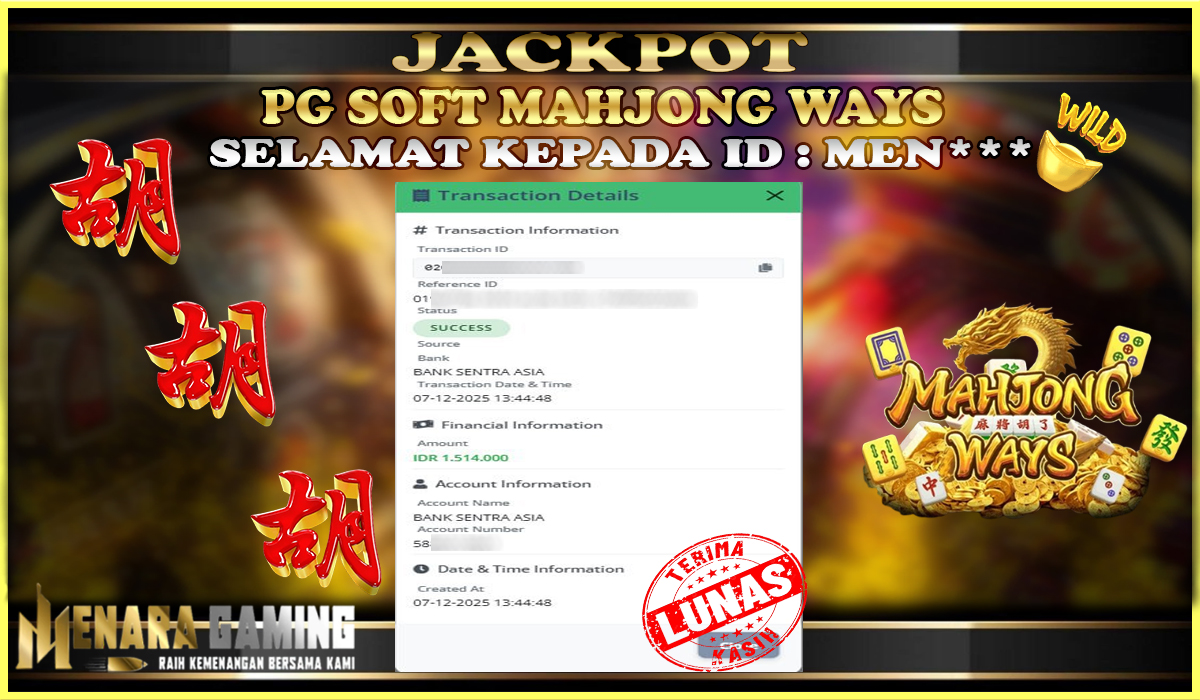 MENARAGAMING JACKPOT PG SOFT MAHJONG WAYS Rp. 1.000.000,- LUNAS