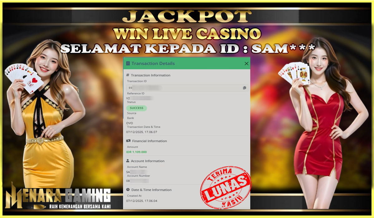 MENARAGAMING JACKPOT LIVE CASINO Rp. 1.000.000,- LUNAS