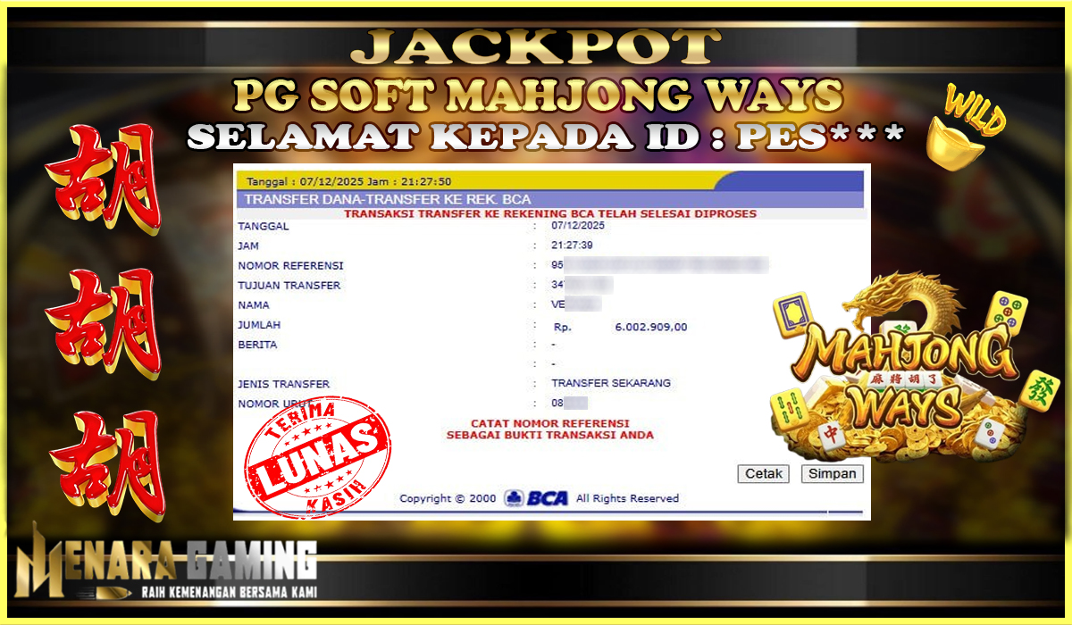 MENARAGAMING JACKPOT PG SOFT MAHJONG WAYS Rp. 6.000.000,- LUNAS