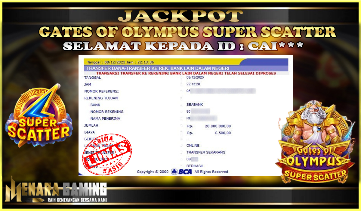 MENARAGAMING JACKPOT PRAGMATIC PLAY GATES OF OLYMPUS SUPER SCATTER Rp. 20.000.000,- LUNAS