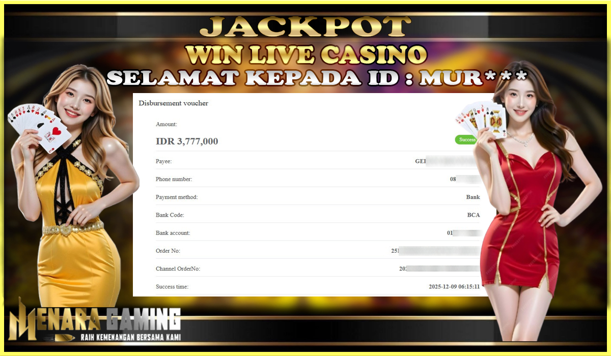 MENARAGAMING JACKPOT LIVE CASINO Rp. 3.000.000,- LUNAS