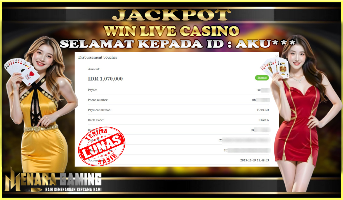 MENARAGAMING JACKPOT LIVE CASINO Rp. 1.000.000,- LUNAS