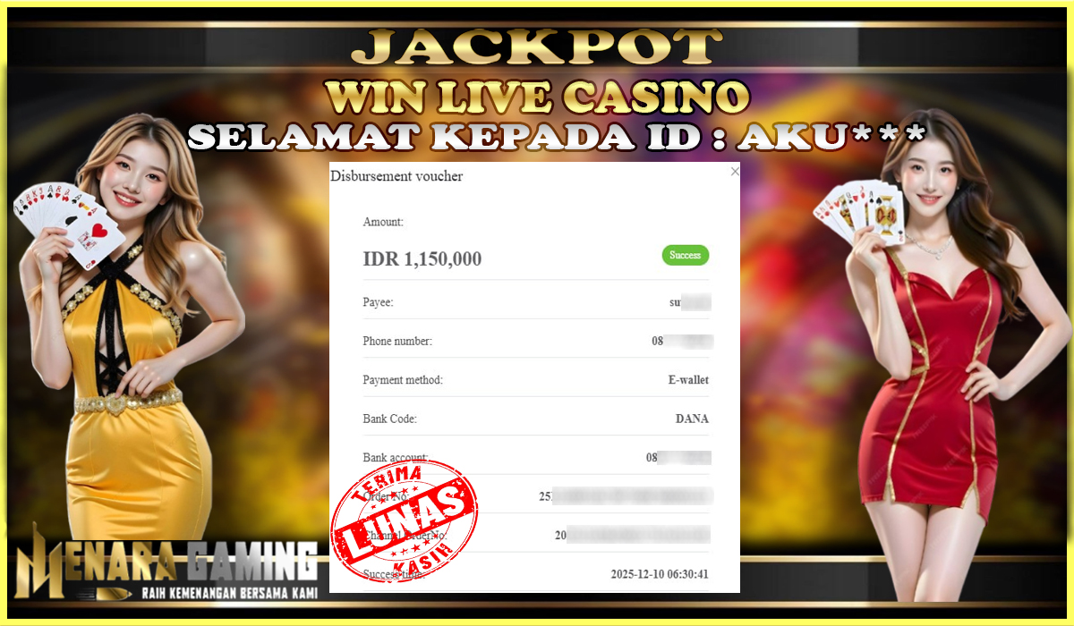 MENARAGAMING JACKPOT LIVE CASINO Rp. 1.000.000,- LUNAS