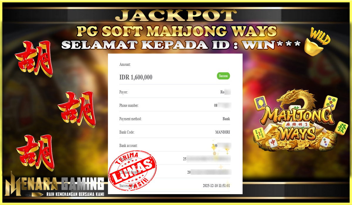 MENARAGAMING JACKPOT PG SOFT MAHJONG WAYS Rp. 1.000.000,- LUNAS