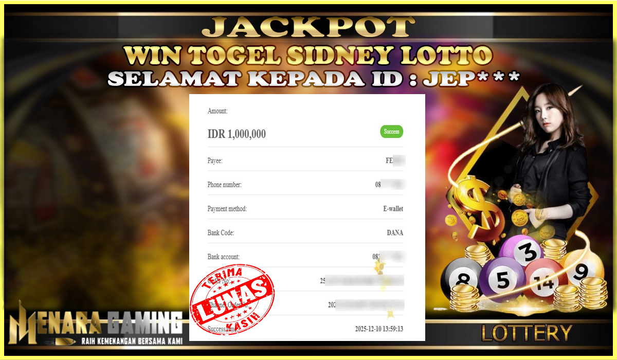 MENARAGAMING JACKPOT TOGEL SIDNEY LOTTO  Rp. 1.000.000,- LUNAS