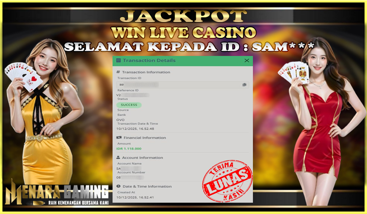 MENARAGAMING JACKPOT LIVE CASINO Rp. 1.000.000,- LUNAS