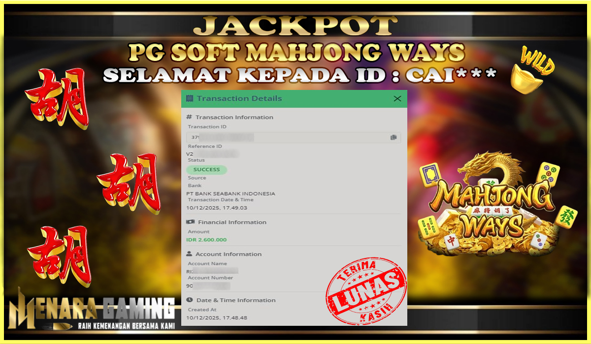 MENARAGAMING JACKPOT PG SOFT MAHJONG WAYS Rp. 2.000.000,- LUNAS