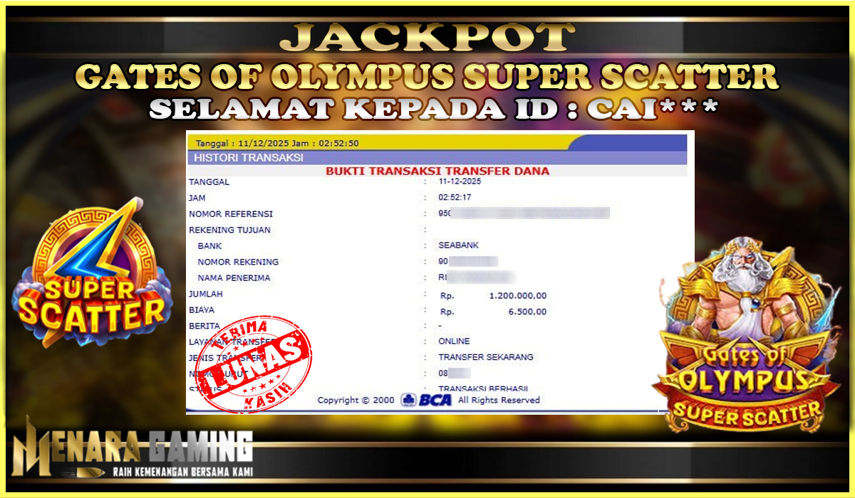 MENARAGAMING JACKPOT PRAGMATIC PLAY GATES OF OLYMPUS SUPER SCATTER Rp. 1.000.000,- LUNAS