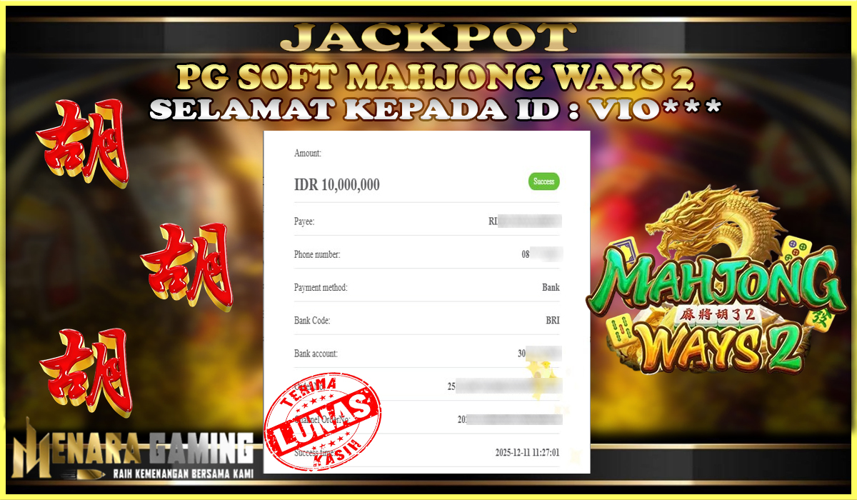 MENARAGAMING JACKPOT PG SOFT MAHJONG WAYS 2 Rp. 10.000.000,- LUNAS