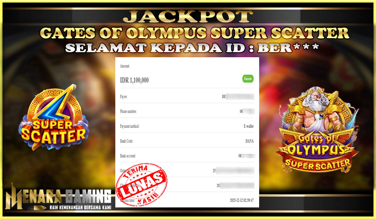 MENARAGAMING JACKPOT PRAGMATIC PLAY GATES OF OLYMPUS SUPER SCATTER Rp. 1.000.000,- LUNAS