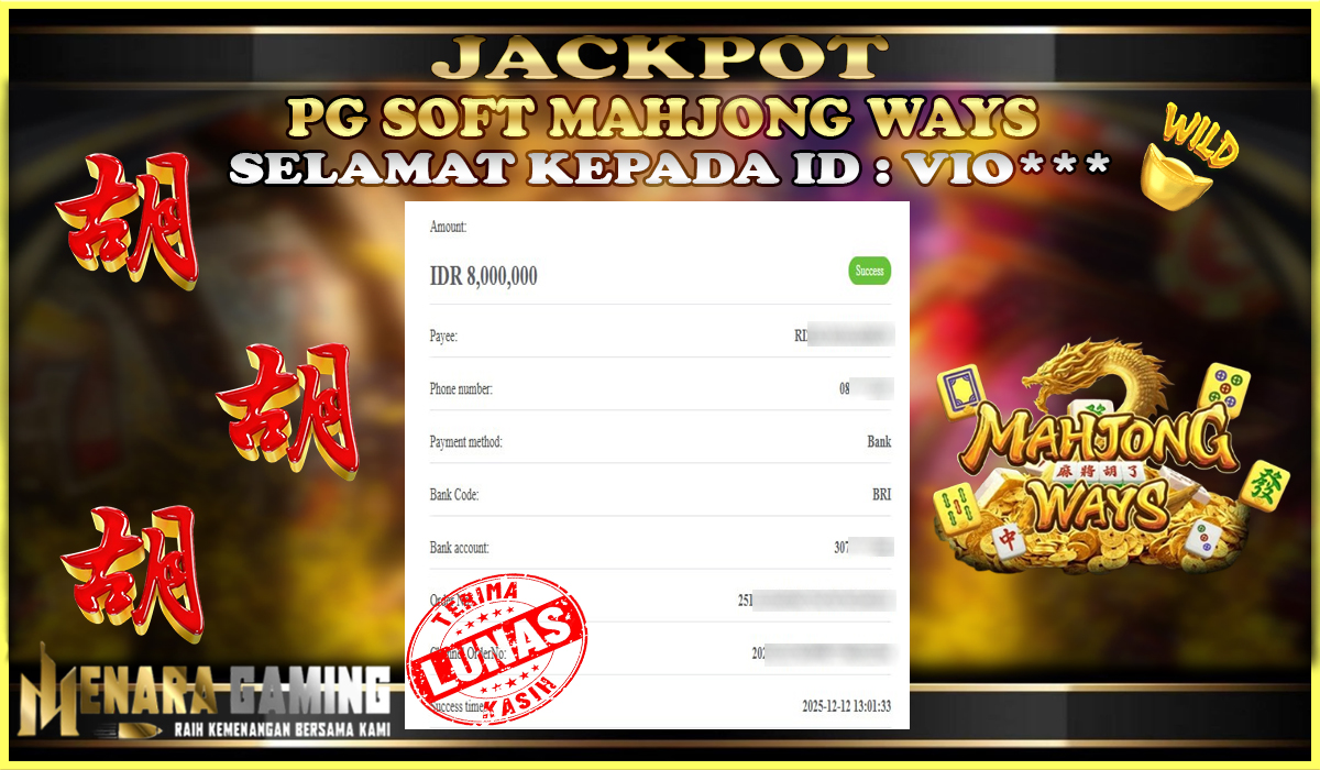 MENARAGAMING JACKPOT PG SOFT MAHJONG WAYS Rp. 8.000.000,- LUNAS