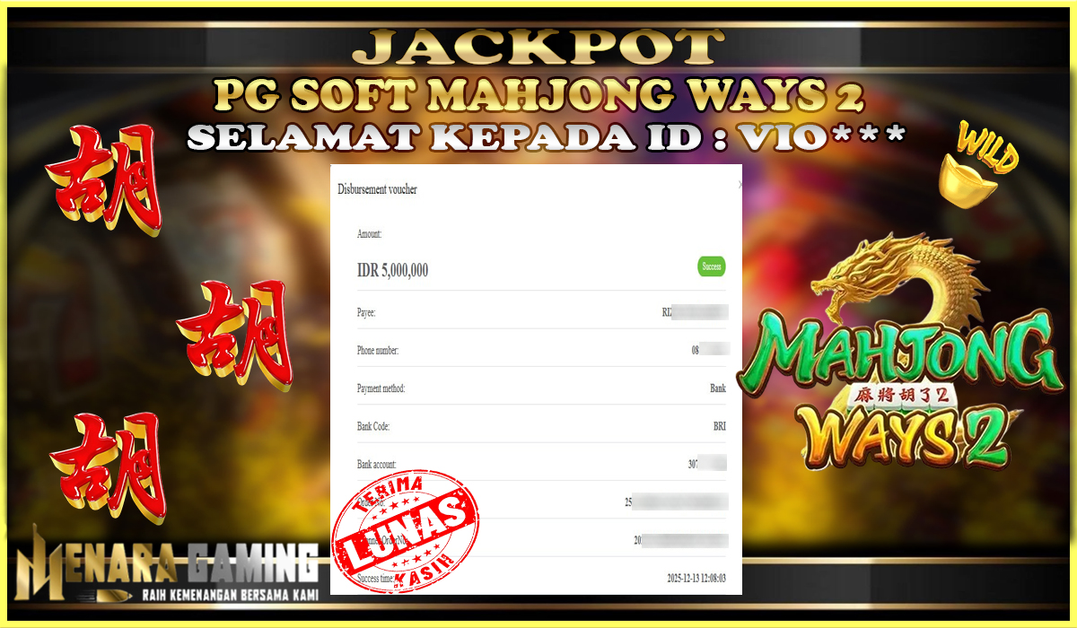 MENARAGAMING JACKPOT PG SOFT MAHJONG WAYS 2 Rp. 5.000.000,- LUNAS