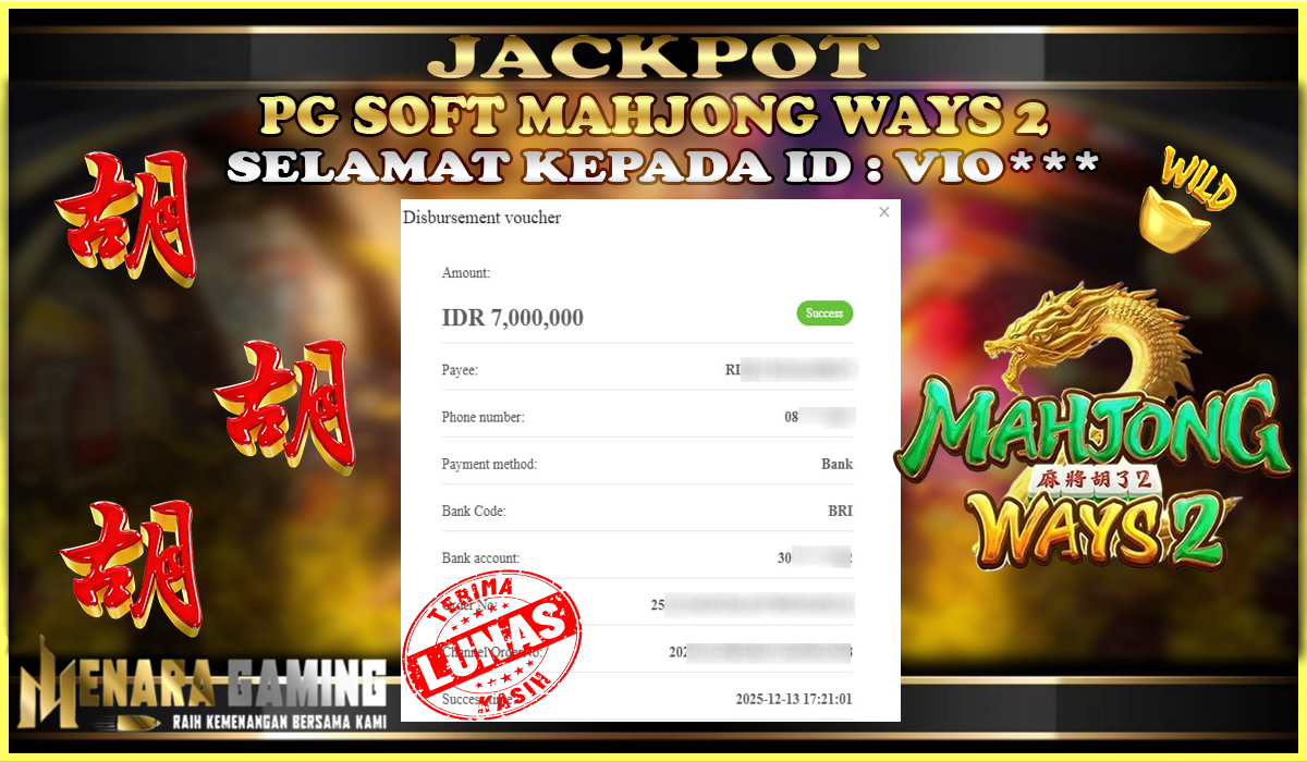 MENARAGAMING JACKPOT PG SOFT MAHJONG WAYS 2 Rp. 7.000.000,- LUNAS
