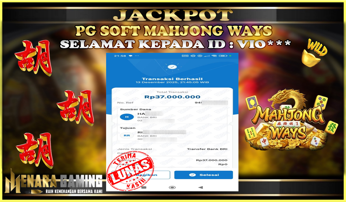 MENARAGAMING JACKPOT PG SOFT MAHJONG WAYS Rp. 37.000.000,- LUNAS