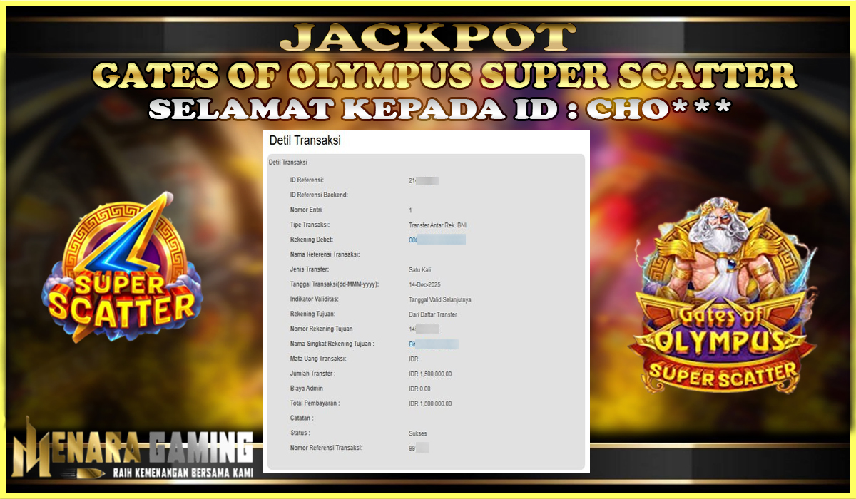MENARAGAMING JACKPOT PRAGMATIC PLAY GATES OF OLYMPUS SUPER SCATTER Rp. 1.000.000,- LUNAS