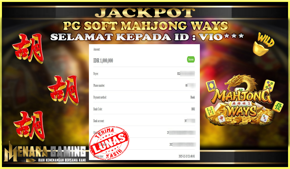 MENARAGAMING JACKPOT PG SOFT MAHJONG WAYS Rp. 1.000.000,- LUNAS