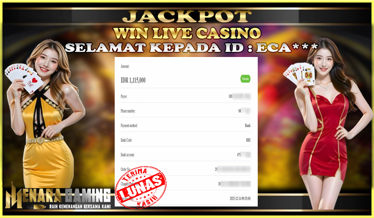 MENARAGAMING JACKPOT LIVE CASINO Rp. 1.000.000,- LUNAS