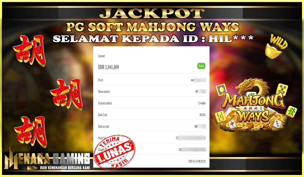 MENARAGAMING JACKPOT PG SOFT MAHJONG WAYS Rp. 1.000.000,- LUNAS