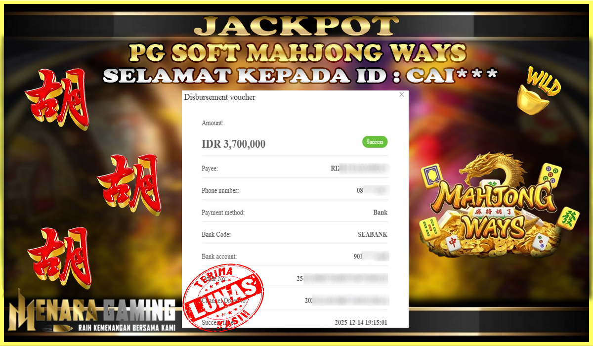 MENARAGAMING JACKPOT PG SOFT MAHJONG WAYS Rp. 3.000.000,- LUNAS