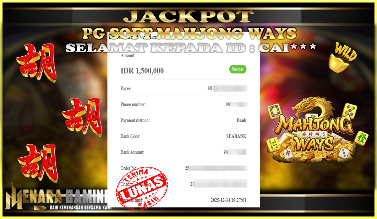 MENARAGAMING JACKPOT PG SOFT MAHJONG WAYS Rp. 1.000.000,- LUNAS