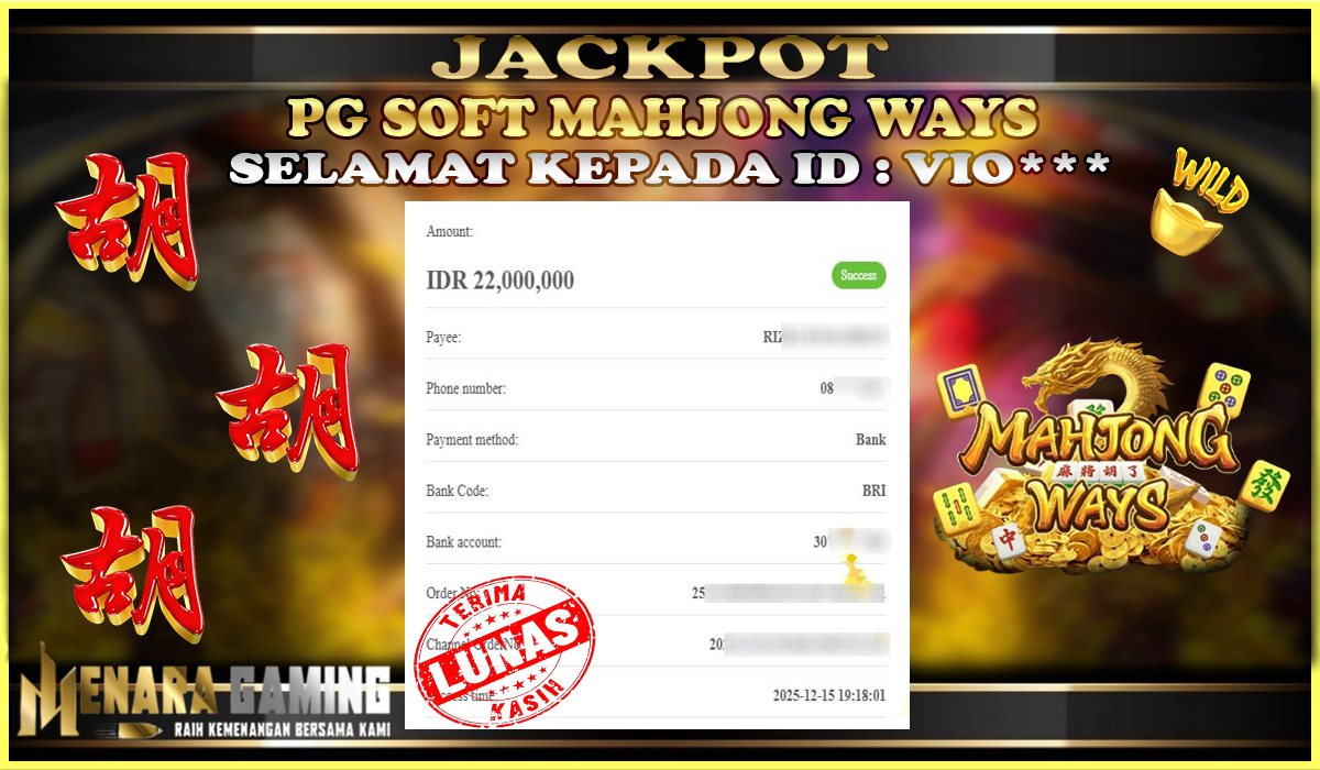 MENARAGAMING JACKPOT PG SOFT MAHJONG WAYS Rp. 22.000.000,- LUNAS