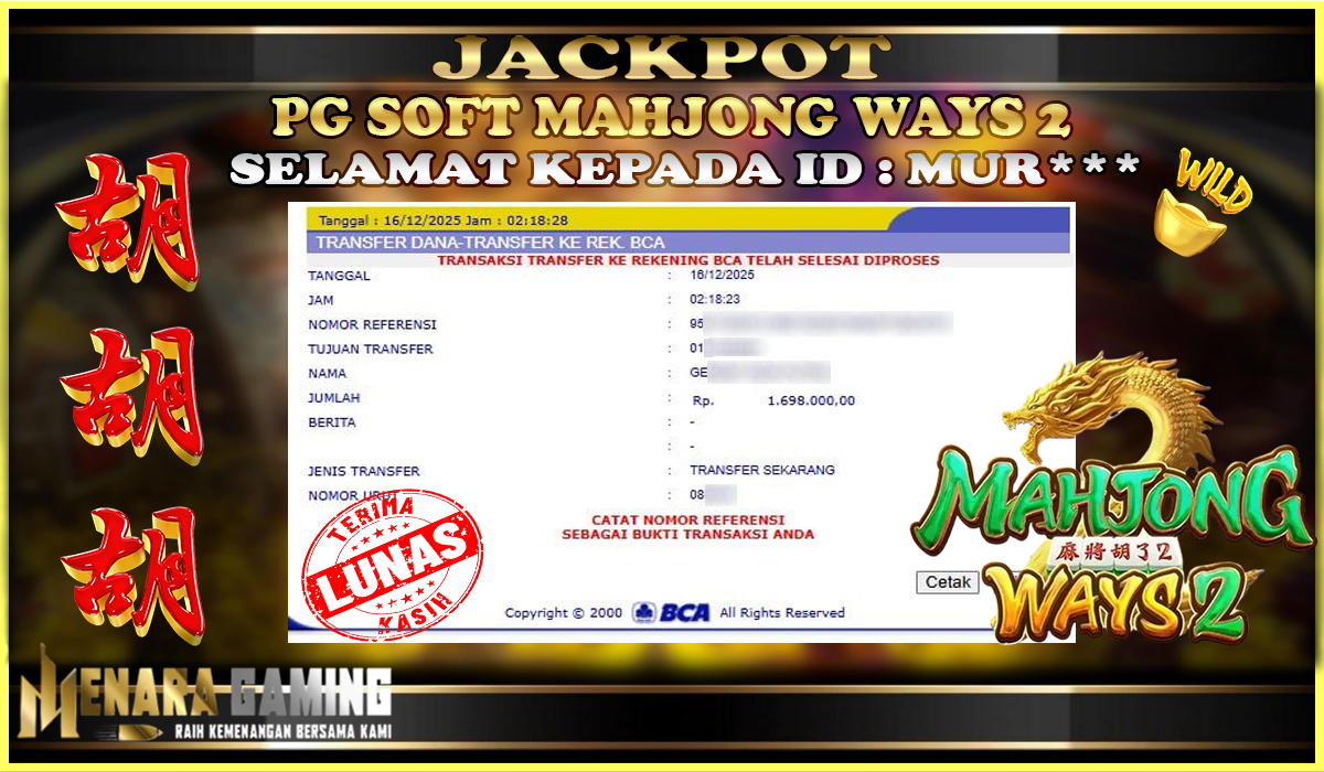 MENARAGAMING JACKPOT PG SOFT MAHJONG WAYS 2 Rp. 1.000.000,- LUNAS
