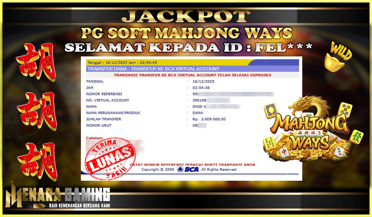 MENARAGAMING JACKPOT PG SOFT MAHJONG WAYS Rp. 3.000.000,- LUNAS