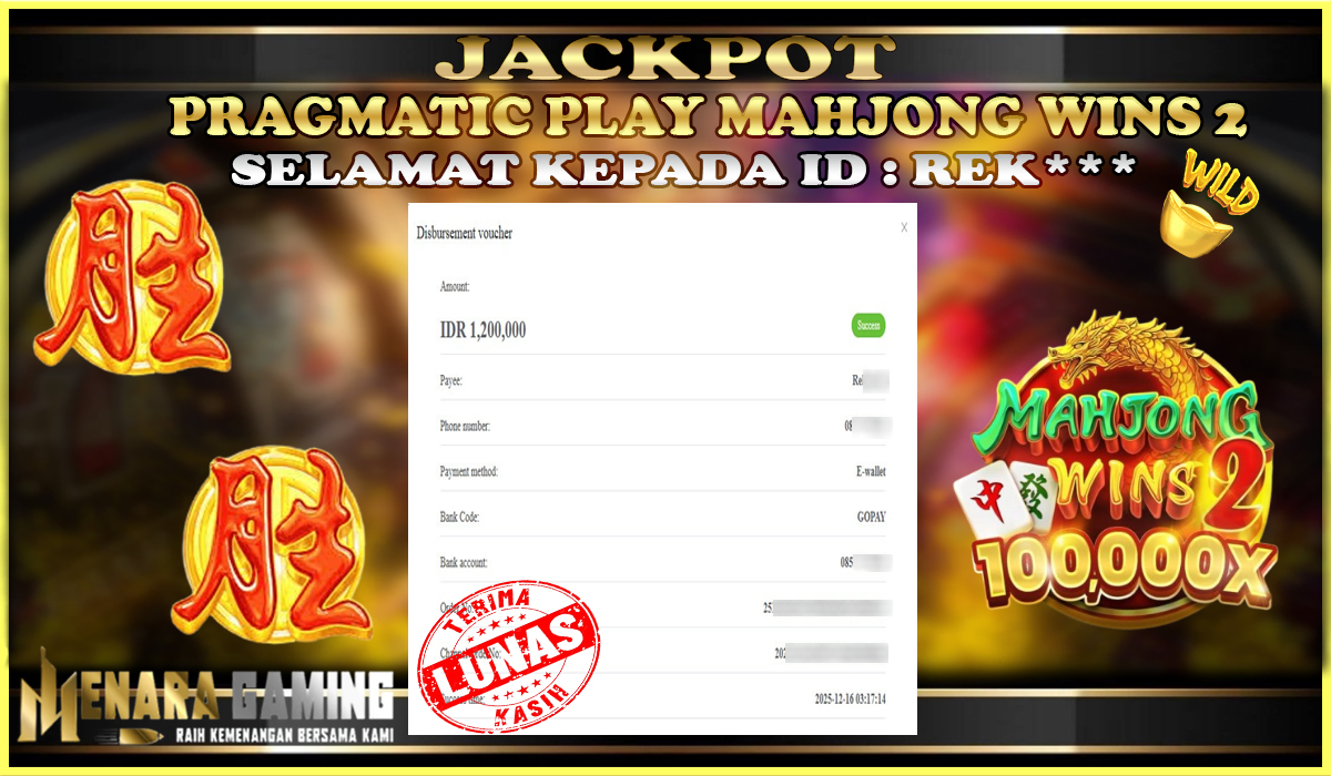 MENARAGAMING JACKPOT PRAGMATIC PLAY MAHJONG WINS 2 Rp. 1.000.000,- LUNAS