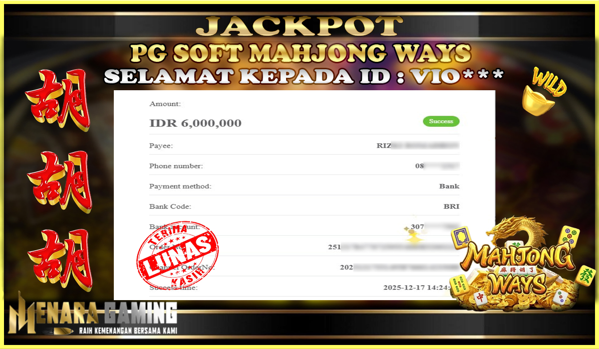 MENARAGAMING JACKPOT PG SOFT MAHJONG WAYS Rp. 6.000.000,- LUNAS