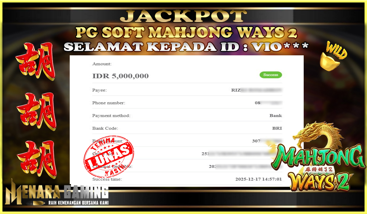 MENARAGAMING JACKPOT PG SOFT MAHJONG WAYS 2 Rp. 5.000.000,- LUNAS