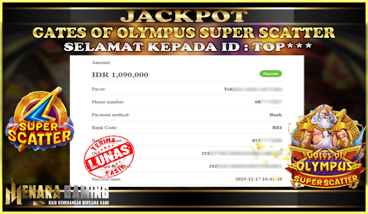 MENARAGAMING JACKPOT PRAGMATIC PLAY GATES OF OLYMPUS SUPER SCATTER Rp. 1.000.000,- LUNAS