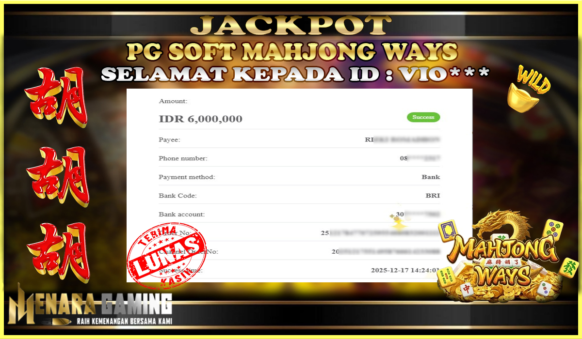 MENARAGAMING JACKPOT PG SOFT MAHJONG WAYS Rp. 6.000.000,- LUNAS