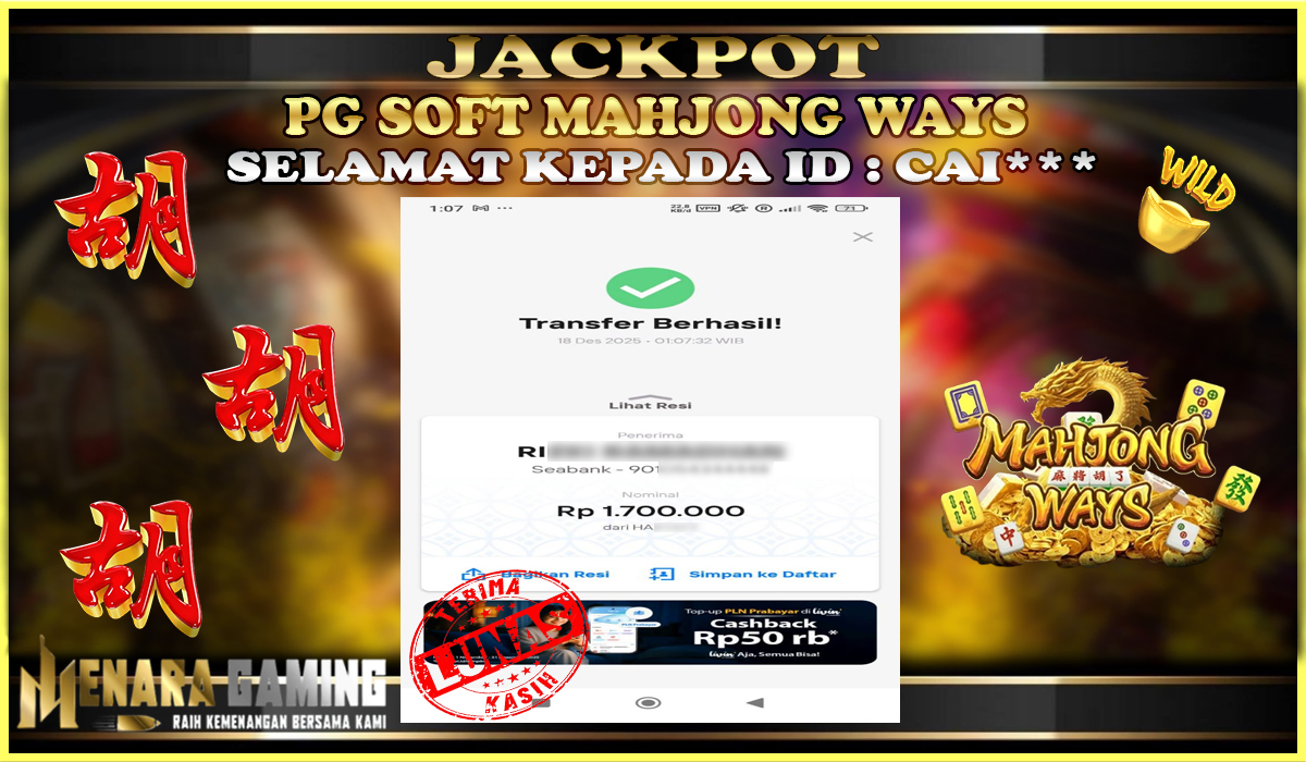 MENARAGAMING JACKPOT PG SOFT MAHJONG WAYS Rp. 1.000.000,- LUNAS
