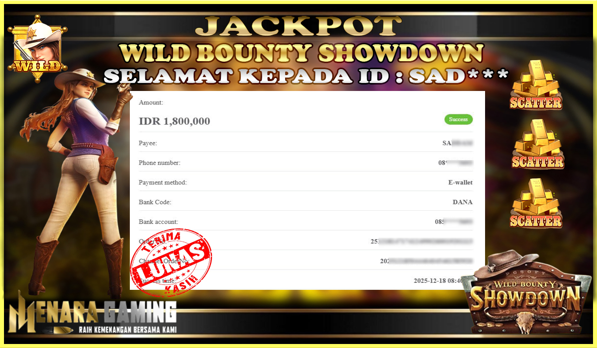 MENARAGAMING JACKPOT PG SOFT WILD BOUNTY SHOWDOWN Rp. 1.000.000,- LUNAS