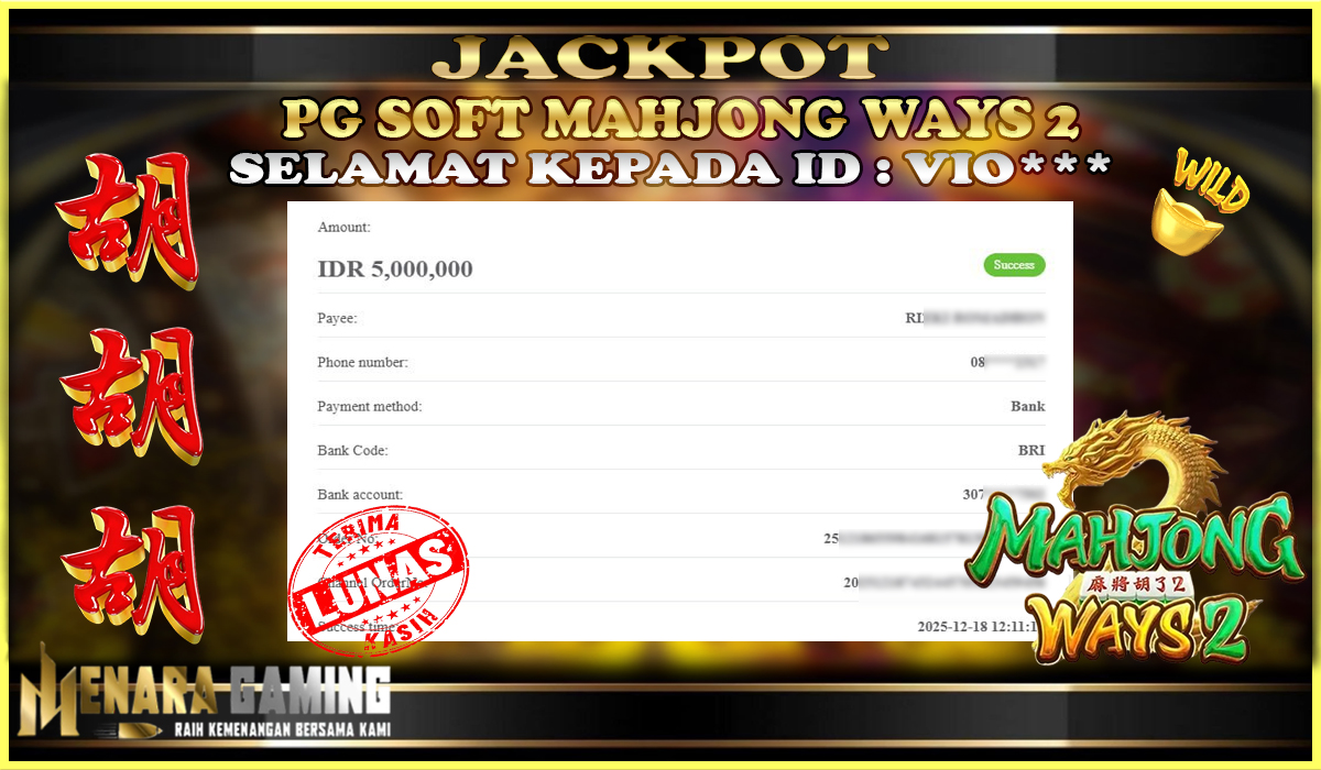 MENARAGAMING JACKPOT PG SOFT MAHJONG WAYS 2 Rp. 5.000.000,- LUNAS